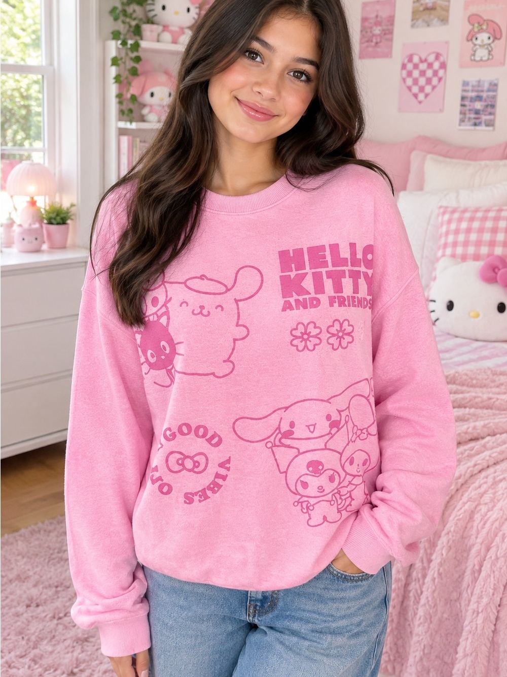 Hybrid Apparel Pink Hello Kitty & Friends Graphic Crewneck